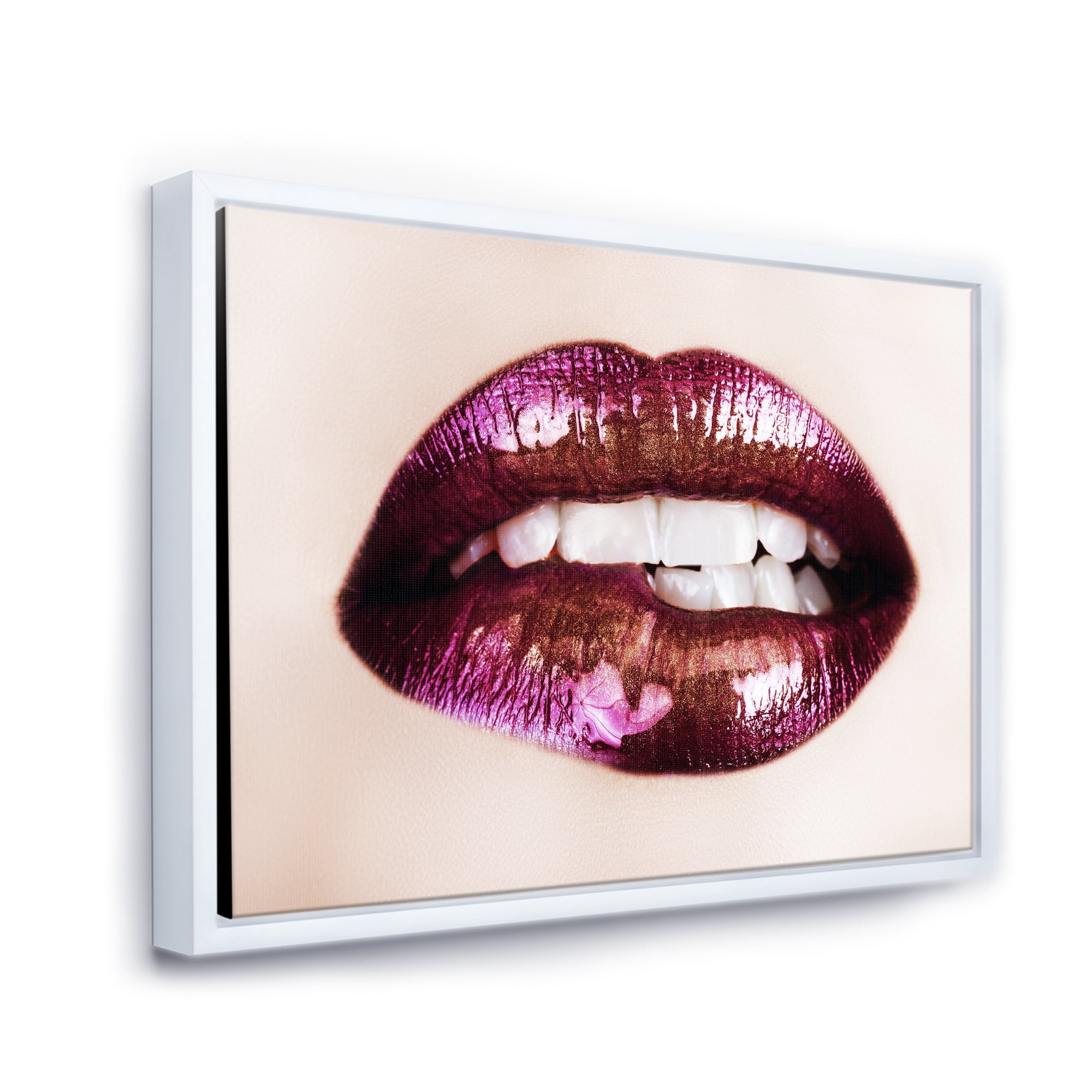 Designart 'Close-Up Of Purple Female Lips' Modern Framed Canvas Wall Art Print