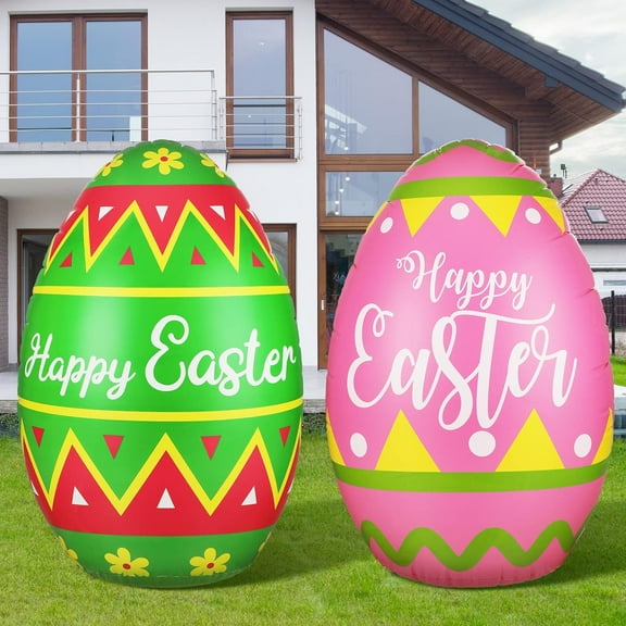 2 Pcs 4 ft Happy Easter Inflatable Egg Colorful Eggs Easter Inflatables Outdoor Decorations with LED Lights Blow up Yard Decorations for Home Garden Lawn Holiday Party PVC Decor Ornaments