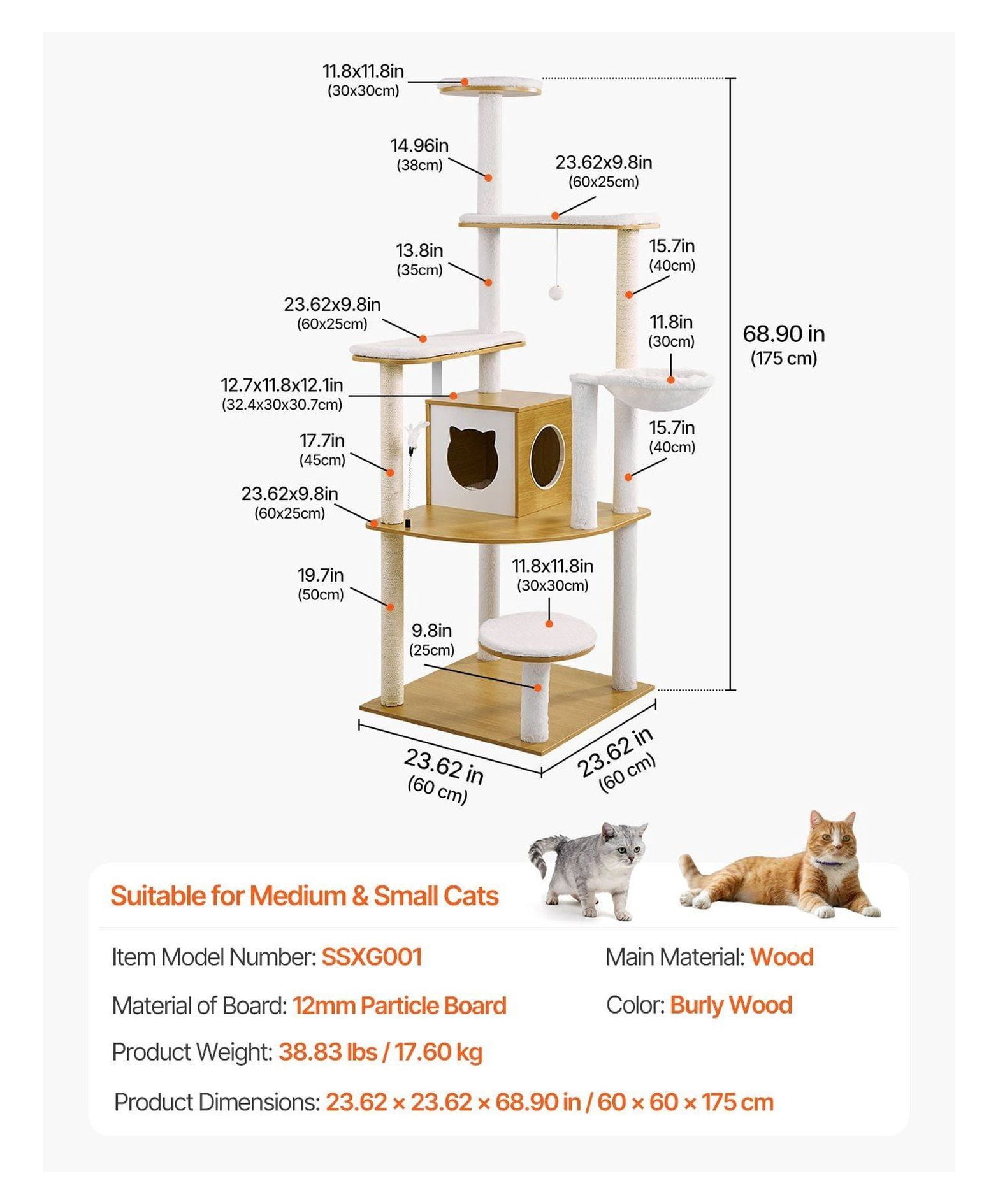 Large Cat Tree 68.9" Tall Cat Tower Condo - Multi-Level Indoor Cat House with Sisal Scratching Posts, Hammock & Litter Box