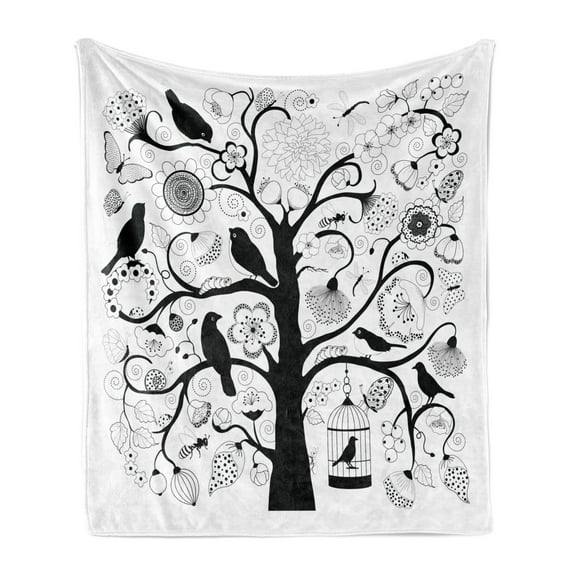 Black and White Soft Flannel Fleece Throw Blanket, Tree with Swirling Branches Flowers Birds and a Bird Cage, Cozy Plush for Indoor and Outdoor Use, 60" x 80", Black and White, by Ambesonne