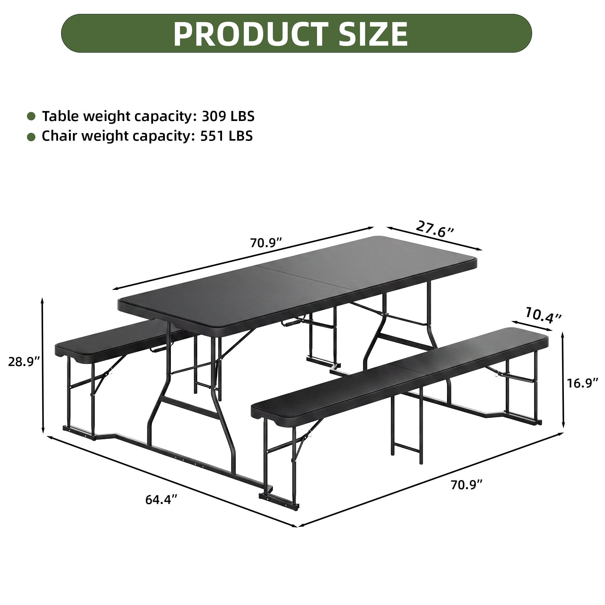 Uforic 6 Ft Folding Picnic Table with Attached Benches, Portable Heavy Duty Outdoor Table with Center Lock & Non-Slip Feet, Black