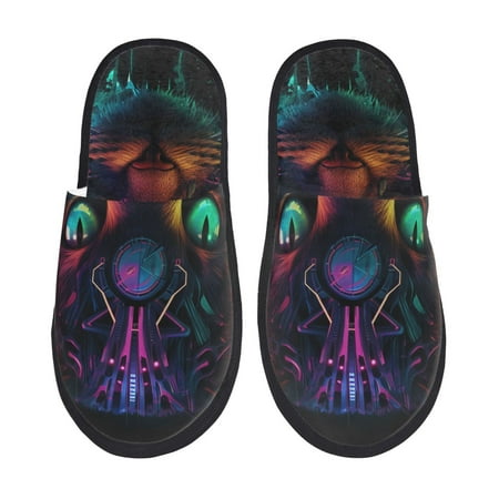 Balery Futuristic Cat Warrior Slient Indoor Furry Fleece Comfort House Shoes Soft Non-Slip Home Shoes Cotton slippers House Slippers-- Large