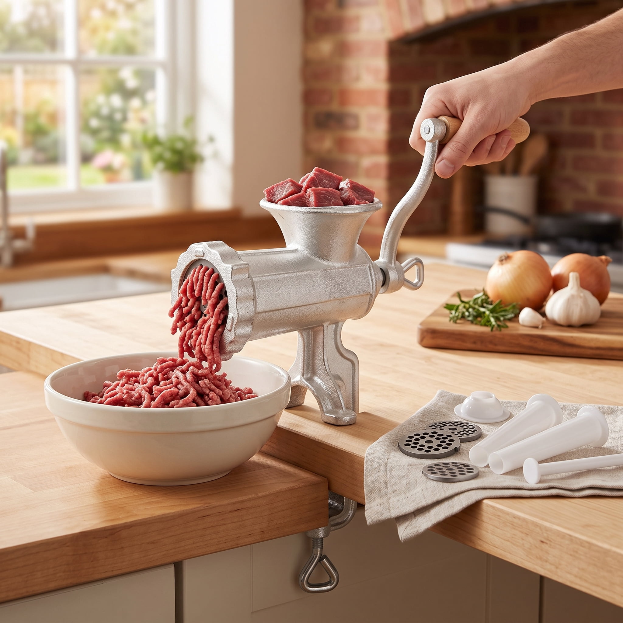 Manual Meat Grinder #8 Cast Iron Table Clamp 5mm/8mm Plates 3 Sausage Tubes for Beef Pork Fish Vegetables