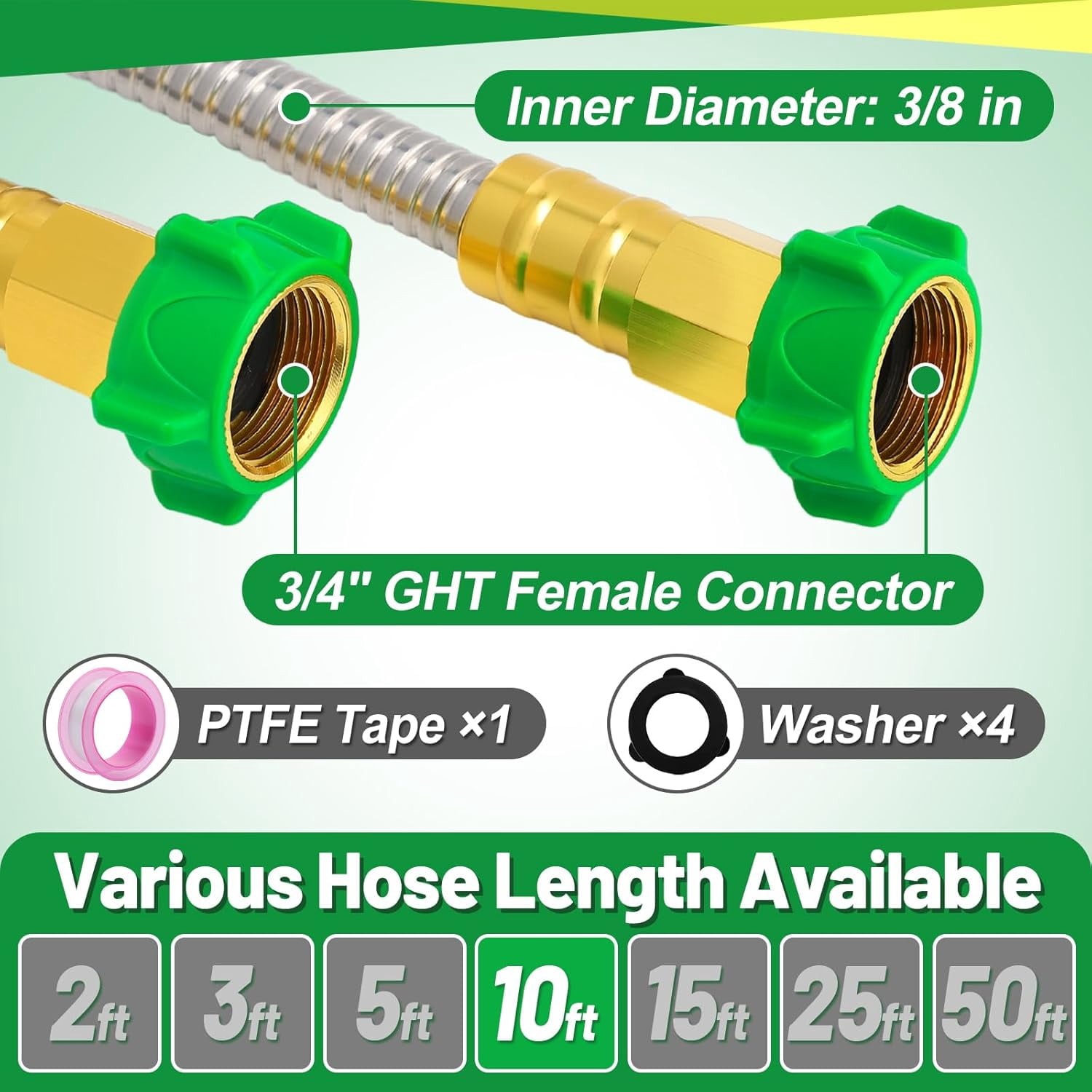 10FT Short Garden Hose Female to Female – Stainless Steel Leader Hose for Hose Reel, Kink-Free Flexible Metal Water Hose, Leakproof Heavy Duty for Outdoor Garden, Car, Pet Washing