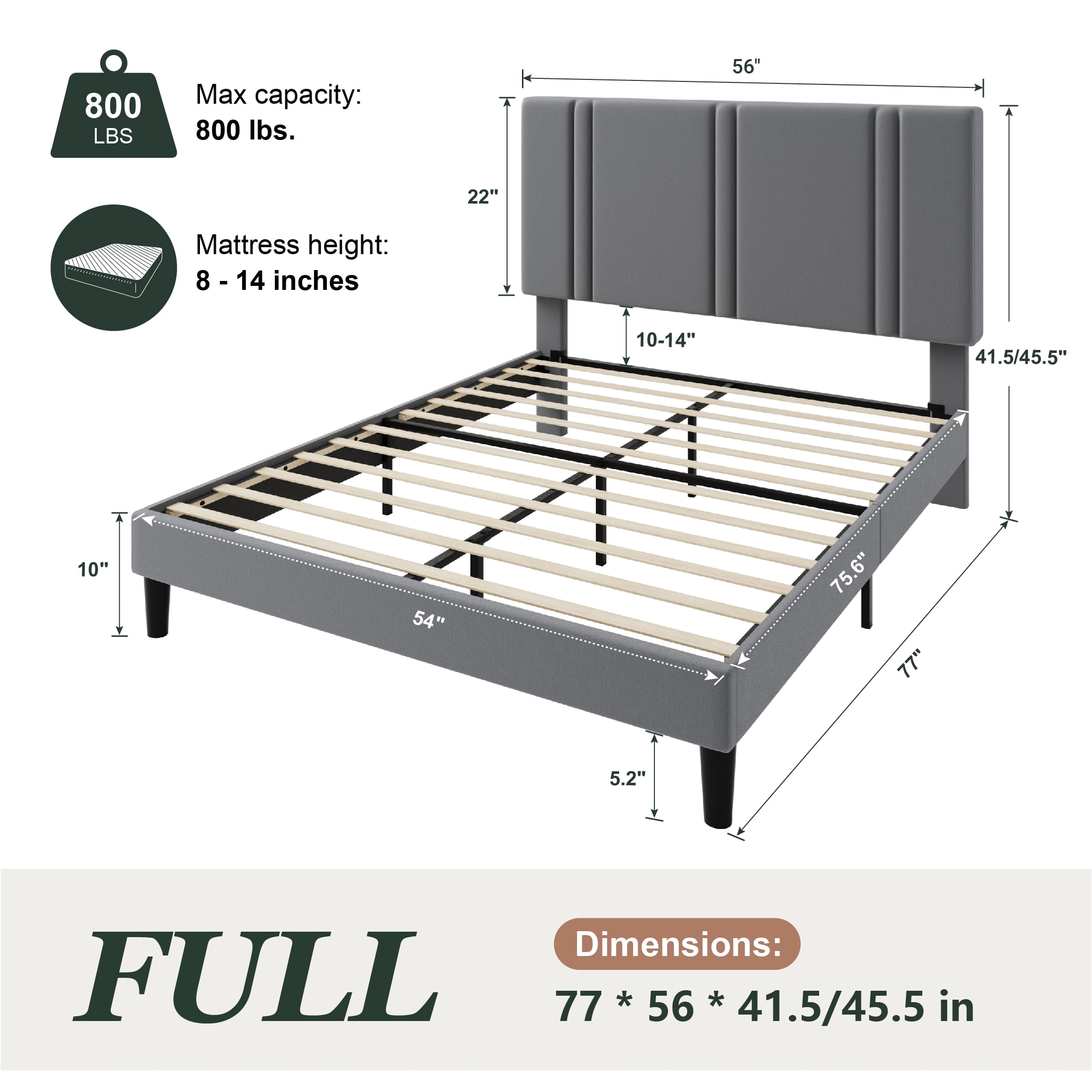 Amolife Full Bed Frame, Platform Bed with Upholstered Velvet Adjustable Headboard, Wooden Slats, Easy Assembly, Grey