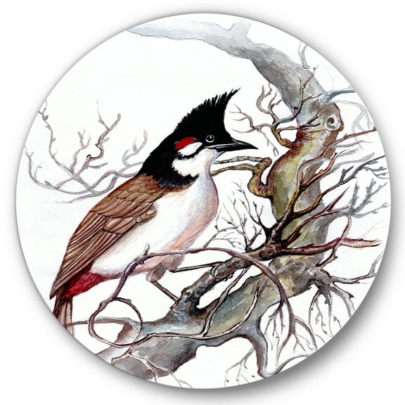 Designart 'Ancient Beautiful Bird On A Branch' Traditional Circle Metal Wall Art 36x36 - Disc of 36