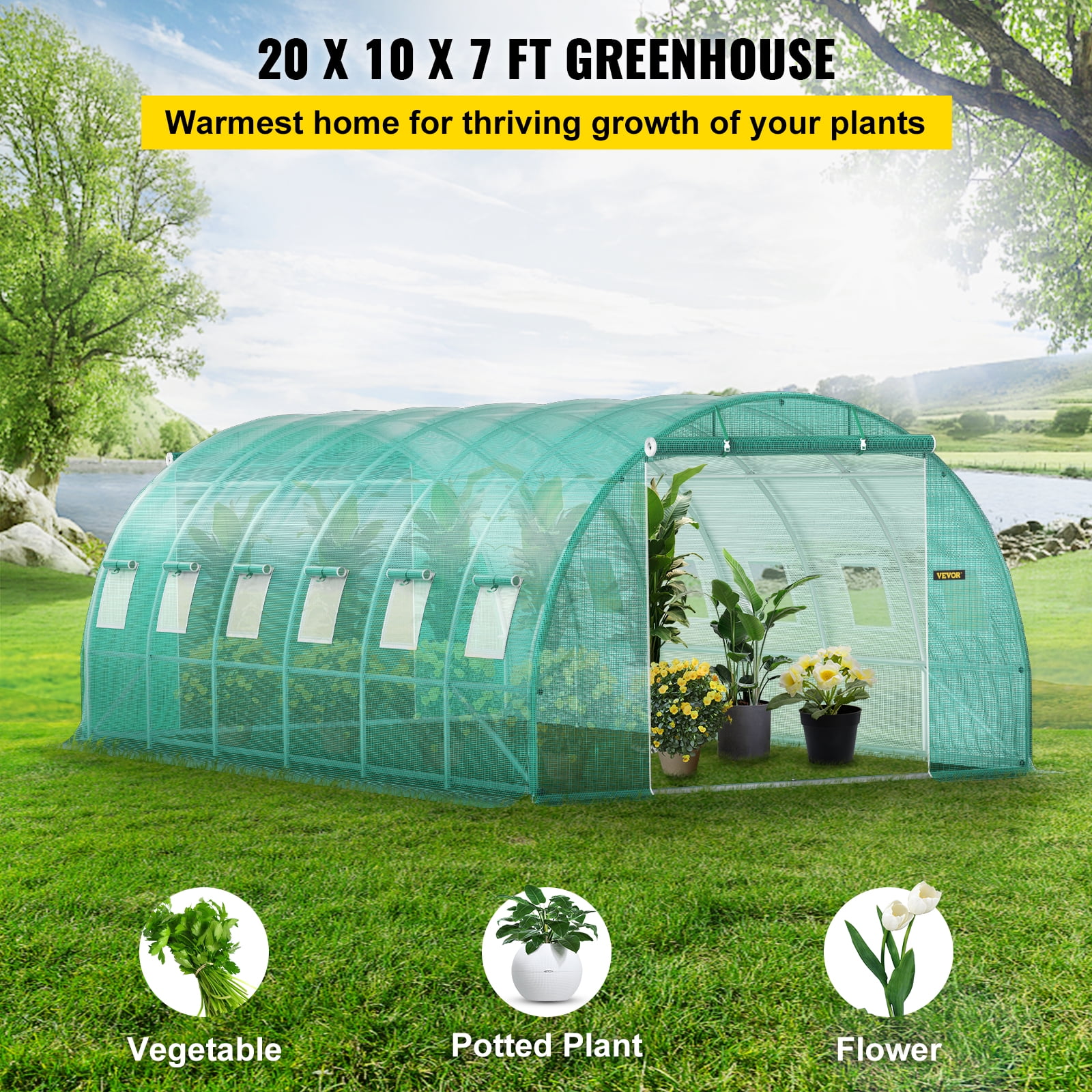 VEVOR Walk-in Tunnel Greenhouse, 20 x 10 x 7 ft Portable Plant Hot House with Galvanized Steel Hoops