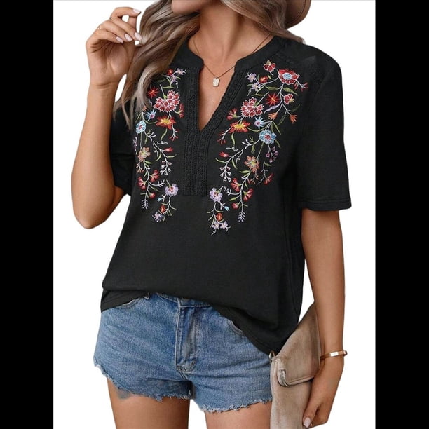 Camisas Mexicanas para Mujer, Blusa Tradicional de Verano Bordada, Túnica Floral, Cuello en V, Camiseta de Corta. Negro M