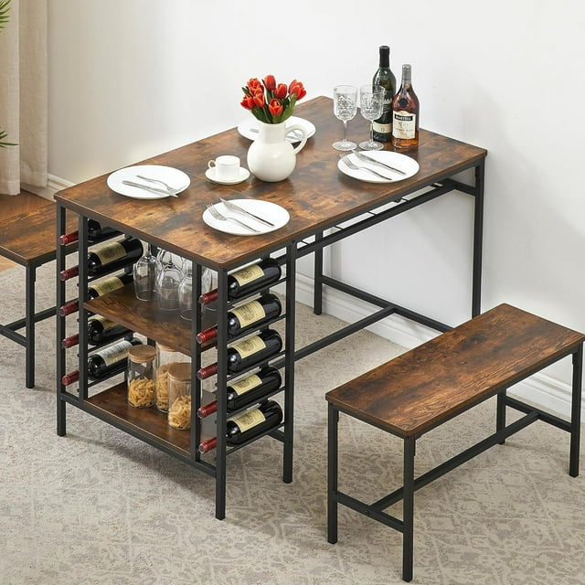3-Piece Rectangular Dining Table Set for 4 with Wine Rack, Storage Shelf and 2 Benches, Kitchen Table Set for Small Spaces