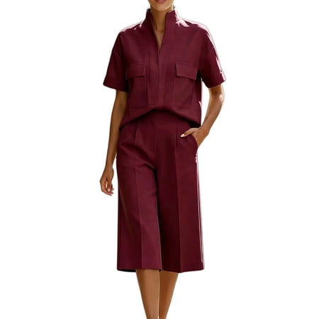 PUMXQ Casual Dressy Two Piece Matching Set for Women Stand Collar V Neck Short Sleeve Top with Functional Chest Pockets High Waist Side Pocket Midi Wide Leg Capri Culottes Pantsuit Wine XL PUMXQ Casual Dressy Two Piece Matching Set for Women Stand Collar V Neck Short Sleeve Top with Functional Chest Pockets High Waist Side Pocket Midi Wide Leg Capri Culottes Pantsuit Wine XL