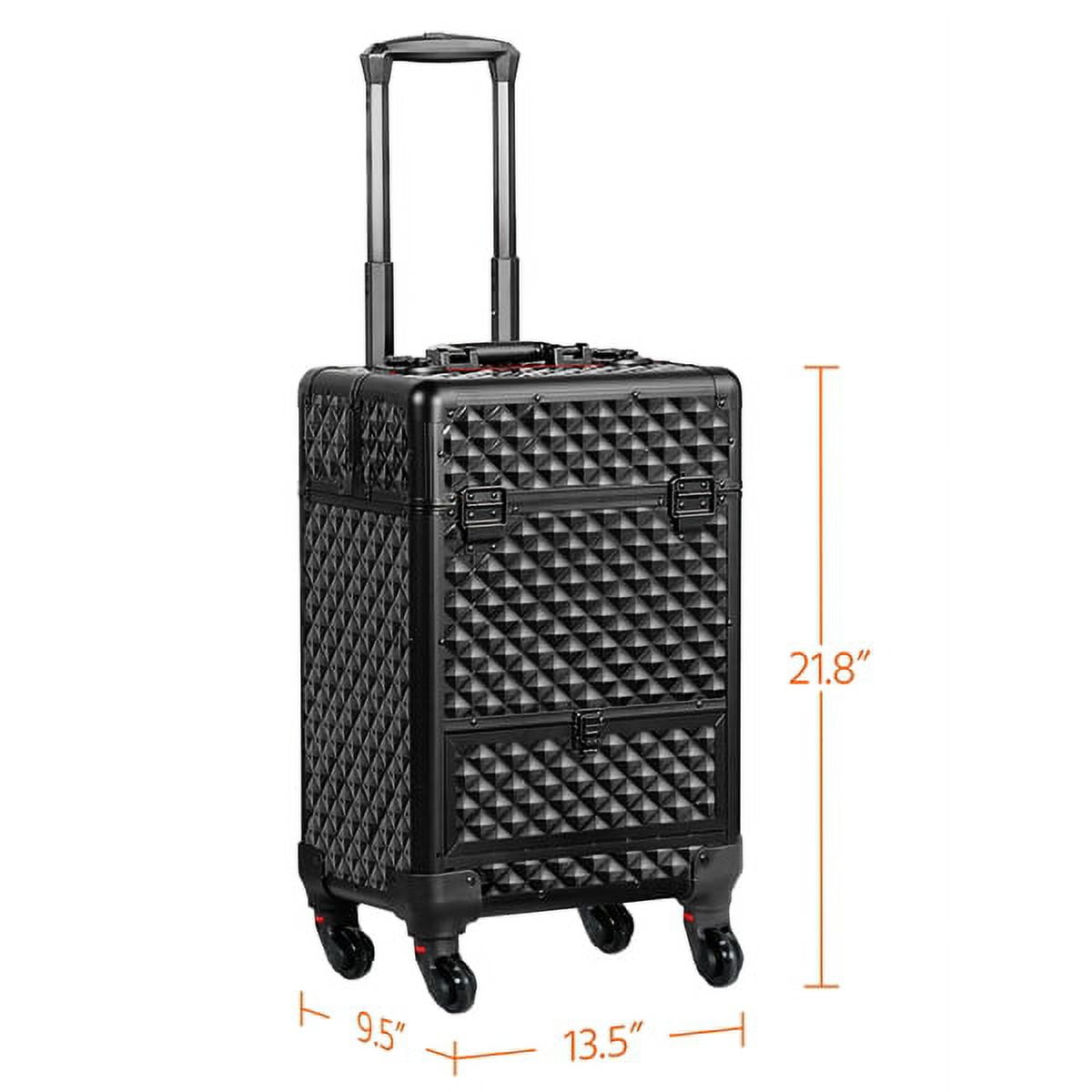 Professional Aluminum Cosmetic Train Case Universal Wheels with Brush Bag Black