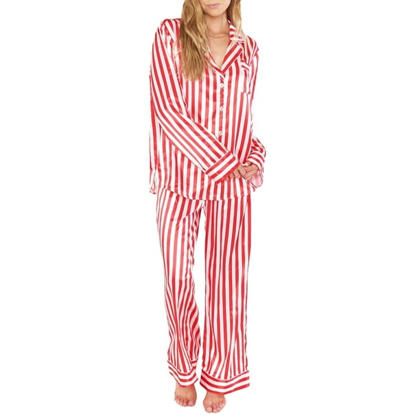 Conjunto de pijama de 2 uds para mujer, camisa de manga larga a rayas de Navidad a la moda con pantalones, ropa de dormir, 2024