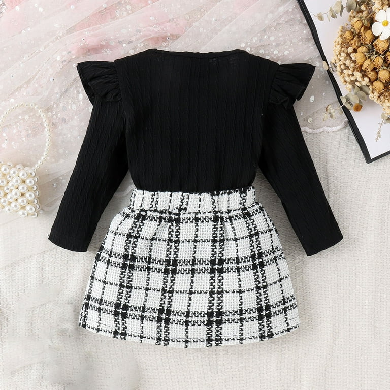Round Neck Long Sleeve Ruffle Top Bow Plaid Skirt Set (Suitable