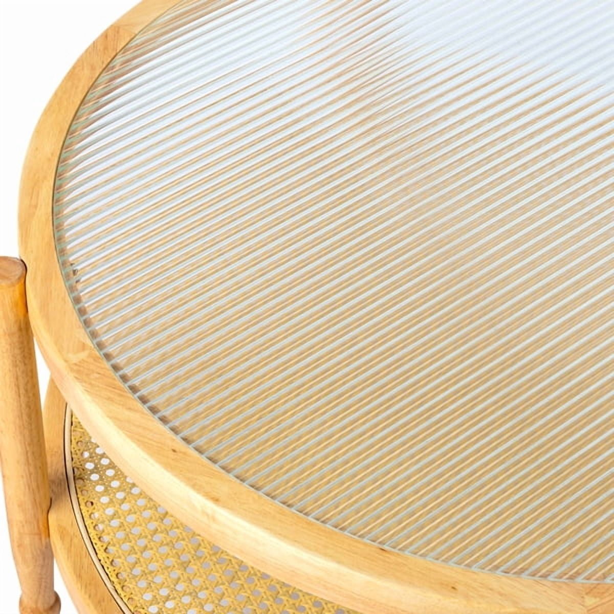 31.5" Round Rattan Coffee Table - Tempered Glass Top , Hand-Woven Rattan Shelf, Rubberwood Frame, Indoor/Outdoor for Living Room, Patio, Bedroom