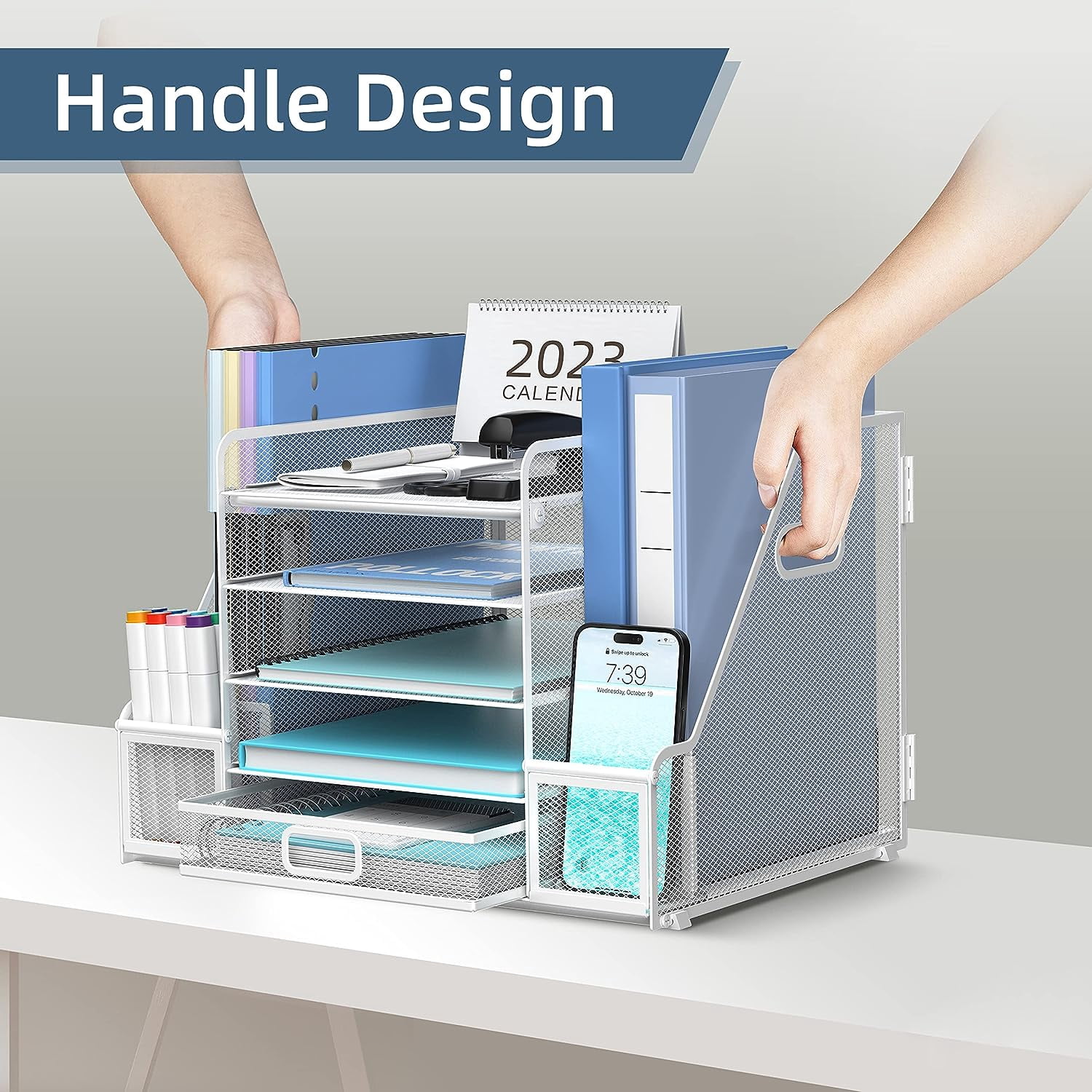 INTIGE 5-Tier Metal Mesh Desk Organizer with File Holder, Pen Holder and Drawer, White