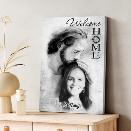 ArtlyWear Custom Welcome Home Jesus Christian Memorial Tribute Personalized Canvas Print Wall Art Neutral Gray