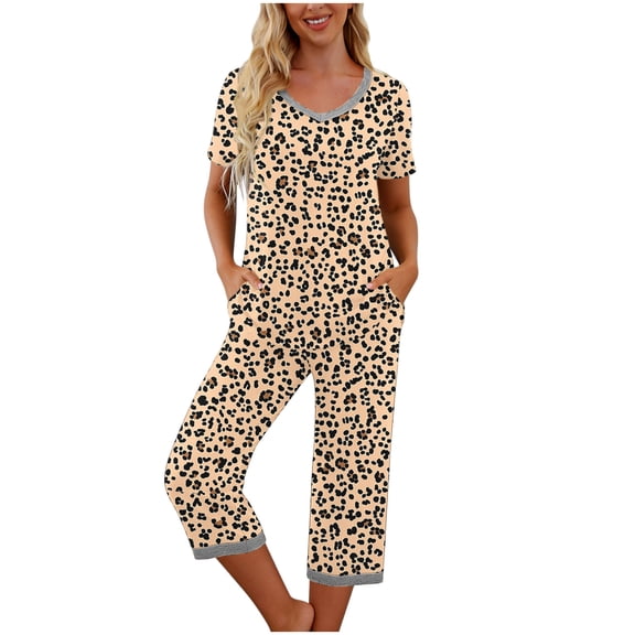 SOOMLON Cheetah Print Pajamas Womens Plus Size Short Sleeve Shirts Capris with Pocket Lightweight 2 Piece Sleepwear Set