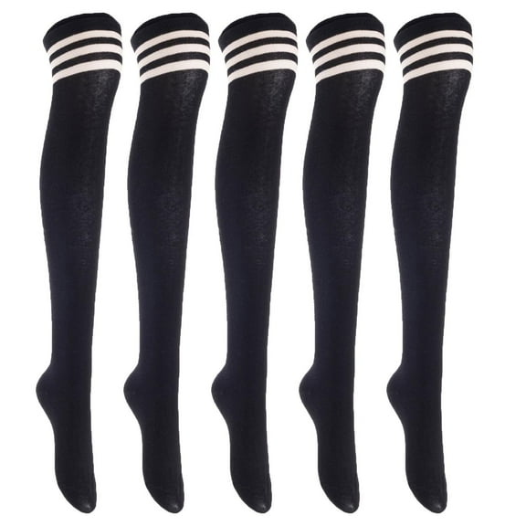 Lian LifeStyle Exquisite Big Girl's Women's 5 Pairs Thigh High Cotton Socks in Vibrant Unique Colors Size 6-9 L1022Black