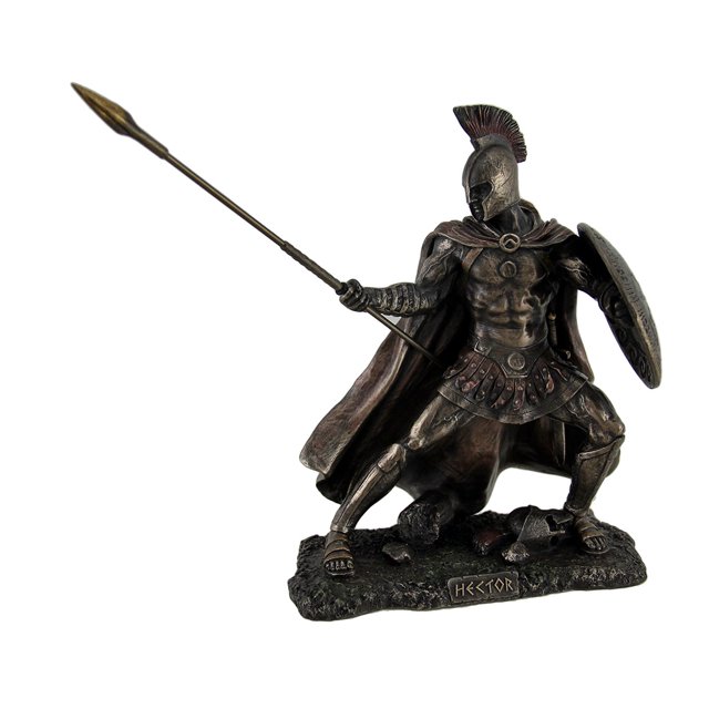 Hector Cheval de Troie Combattant Bronze Finition Statue W / Bouclier et Lance