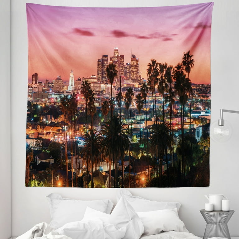 United States Tapestry Vibrant Sunset Twilight Scenery Los Angeles Famous Downtown Palm Trees Fabric Wall Hanging Decor for Bedroom Living Room