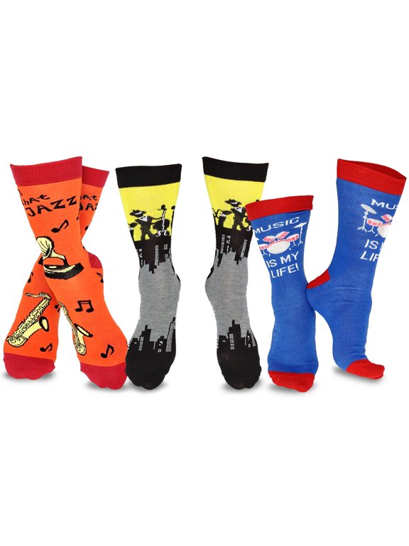 TeeHee Fun Music Novelty Crew Socks for Men 3-Pack (10-13, Jazz Drums Music Band)