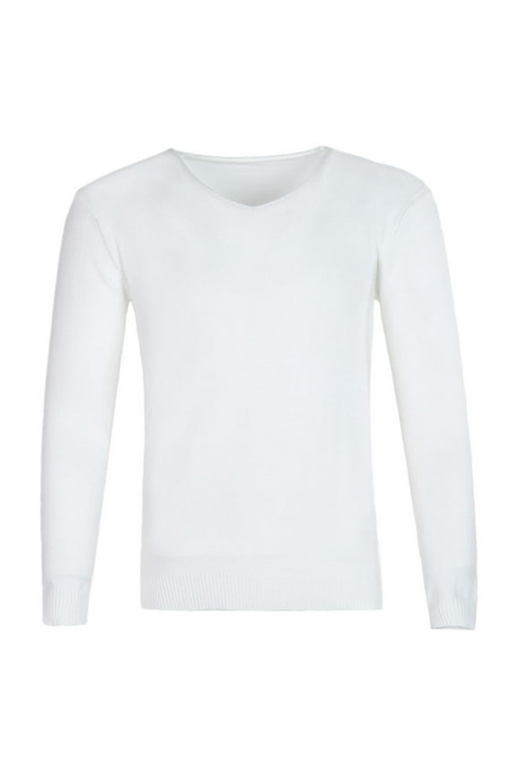 Men's V Neck Sweater Long Sleeve Warm Knit Pullover Solid Color Base Layer Undershirt for Daily Wear,XL,White