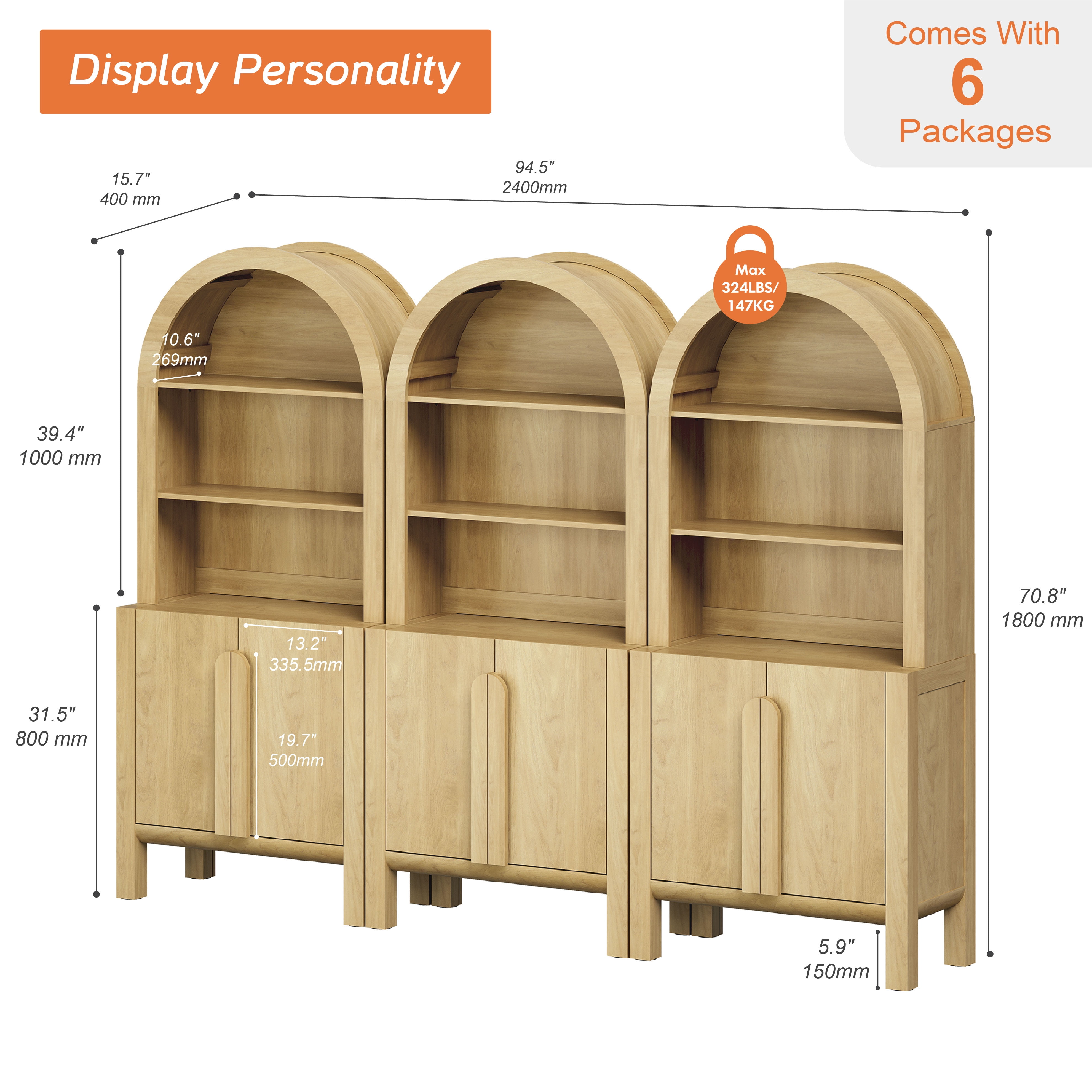 71"H X 94.5"W Arched Bookshelf, Modern 5 Tier Bookcase with 3 Cabinet, Wooden Large Display Cabinet with Doors and Adjustable Shelves, Versatile Bookshelf for Living Room, Study, Office