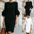 thumbnail image 5 of Ahabrexf Women Round Neck Double Chiffon Ruffle 3/4 Sleeve Midi Shift Dress, Solid Back Split Zipper Elegant Office Work Dress for Spring Summer Business Funeral Wear, 5 of 6