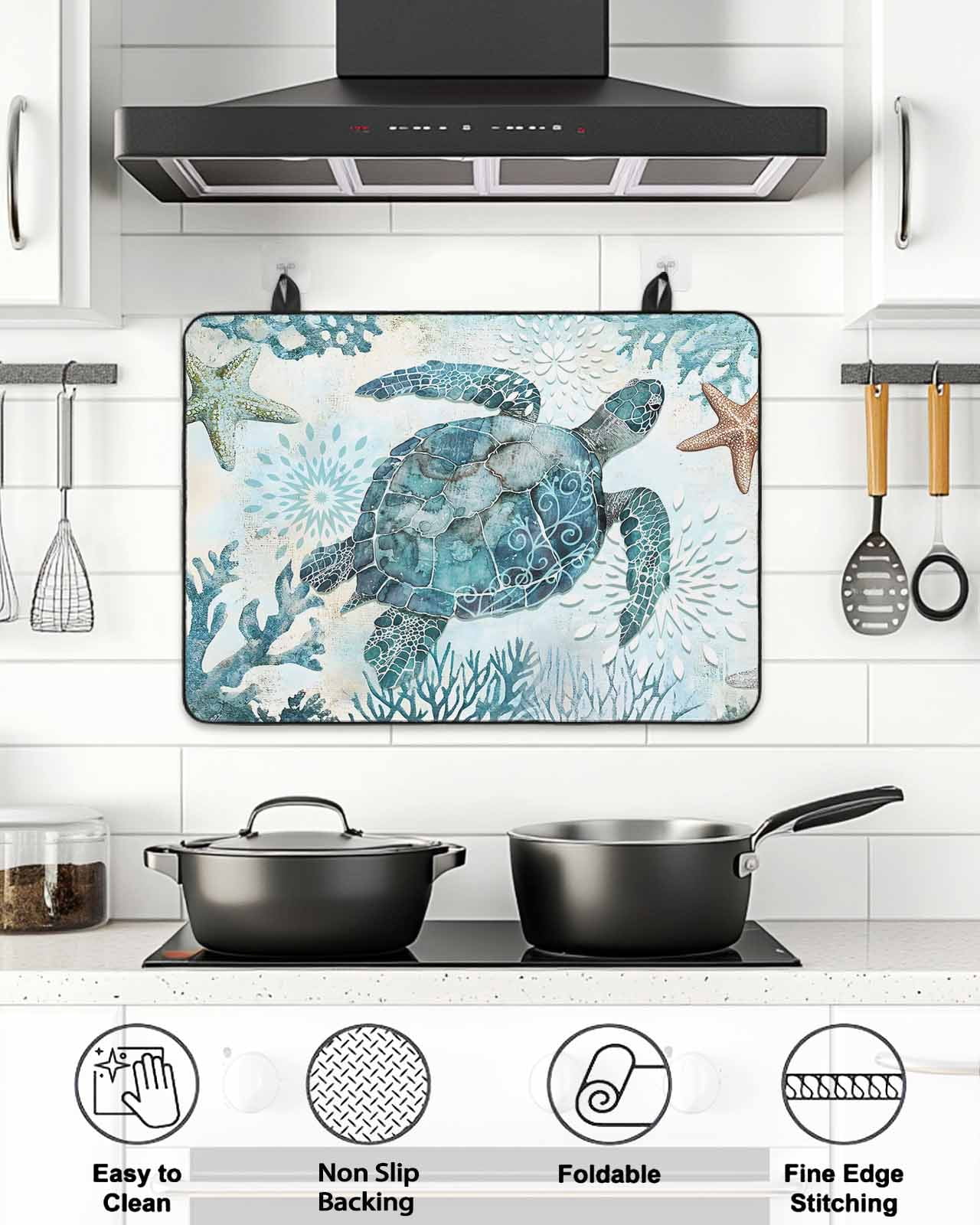 Stove Top Covers for Electric Stove, Teal Turtle Coastal Glass Stovetop Cover Protector, Summer Beach Starfish Nautical Sea Induction Cooktop Protector Oven Mat for Kitchen Countertop 24"x21"