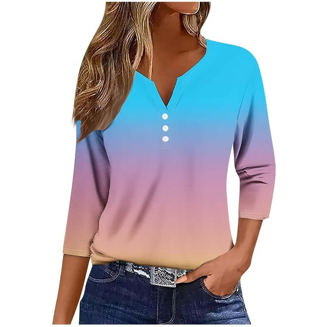 aidice 3/4 Length Sleeve Womens Tops Casual Notched V Neck Button Comfy Fitting Gradient Color Tee Shirts