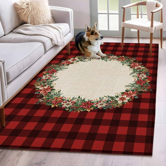 Christmas Area Rug 3x5 Washable Rug Non Slip Winter Farmhouse Poinsettia Leaf Red Black Plaid Large Area Rug Indoor Floor Carpet for Entryway Bedroom Kitchen Living Room Office Dining Room Nursery