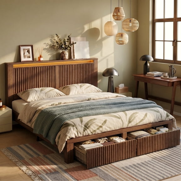 Wood Bed Frame King with Storage Headboard Wooden Farmhouse Bed Frame with 2 Drawers & Charge Station & LED Light,Walnut