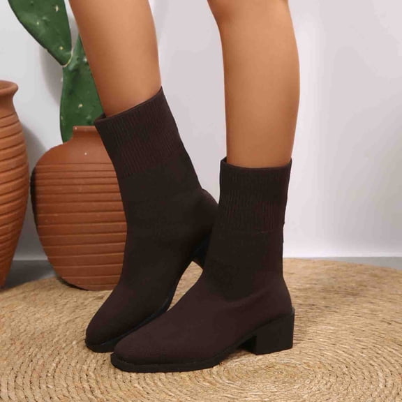 Fnooota Women's Mid Calf Boots, Non Slip Block Heel Slip On Comfort Fall Winter Shoes Brown Size 8.5
