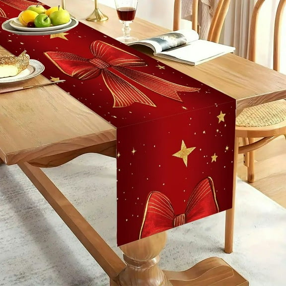 1pc Linen 100% realistic bows  with golden stars Party Decoration, Gift, Holiday Decorations, Room Decor, Scene Decor Dustproof & Wipe Clean Table Runner