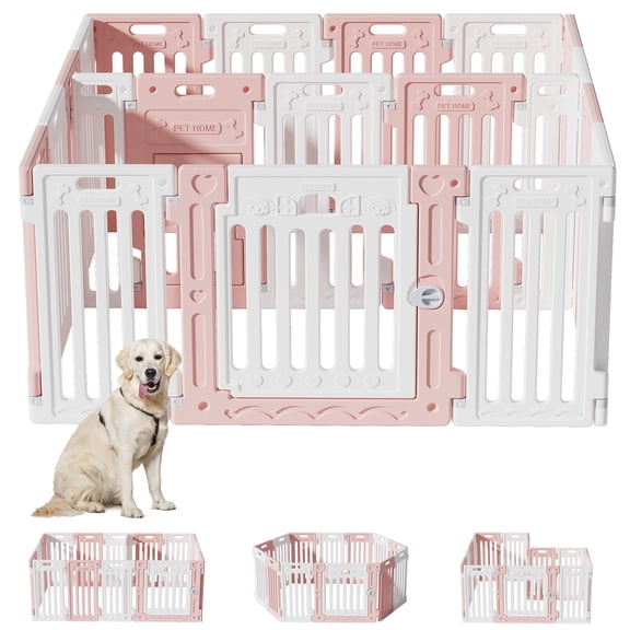 2 Room Dog Playpen with Door,DIY Shape Combination Puppy Pen,16-Panel 2 Link Piece Large Door Small Door,25.5" H Dog Fence,Non-Slip&Secure Pet Gate,Easy to Assemble
