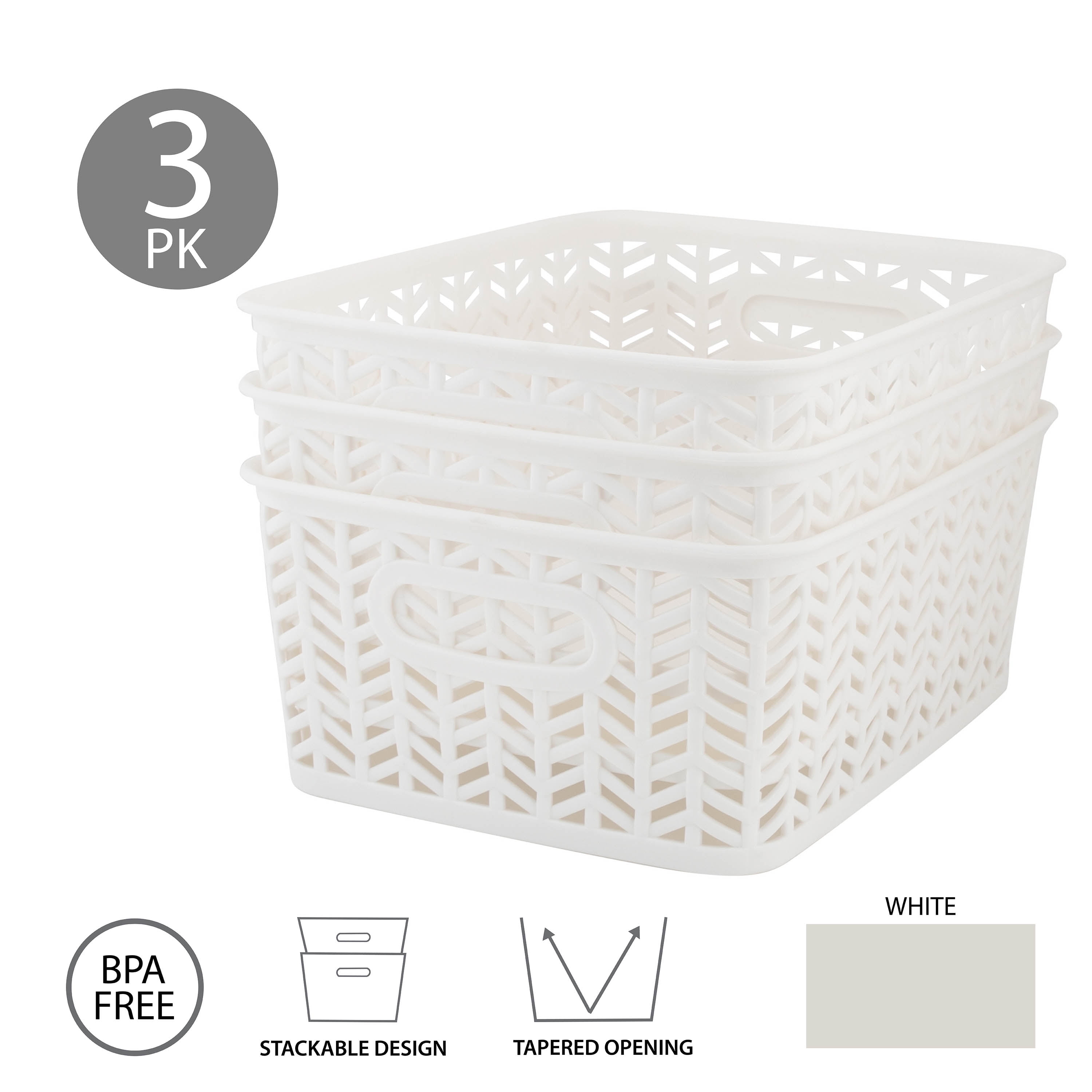 4 Pack White Plastic Baskets with Gray Handles, Narrow Storage