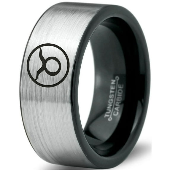 Tungsten Horoscope Taurus Band Ring 8mm Men Women Comfort Fit Brushed Gray Flat Cut Black Polished
