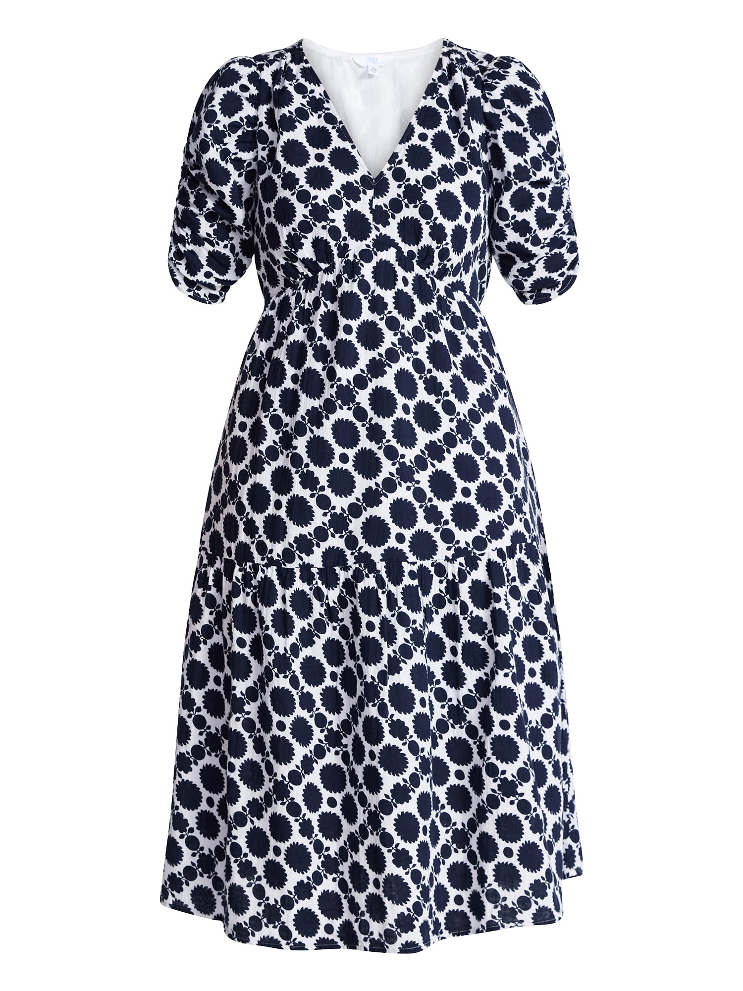 Time and Tru Women's Cotton Tiered Midi Dress with Elbow Length Sleeves, Sizes XS-XXXL