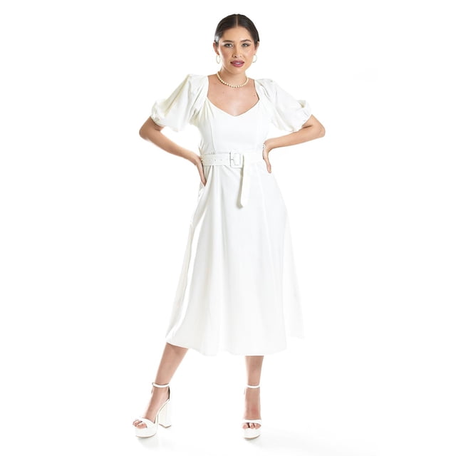 Vestido midi de manga abullonada Roman Fashion /Juvenil, 12515 (Blanco) blanco M