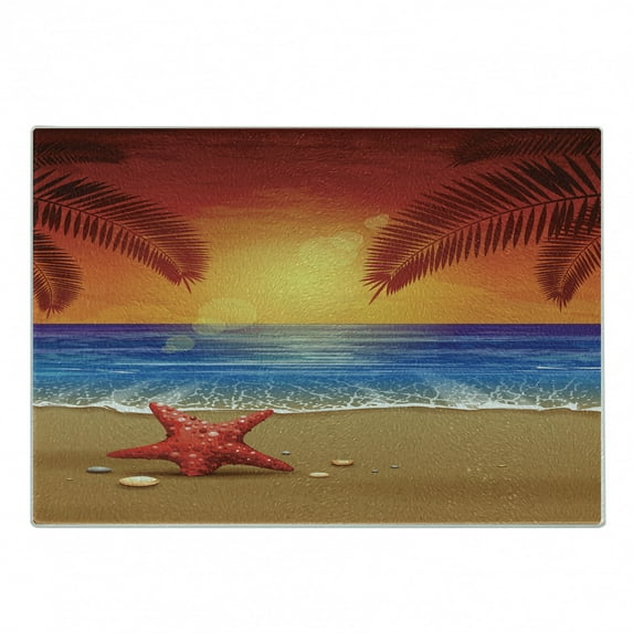 Tropical Cutting Board, Sunset Cartoon Illustration Beach Summer Starfish Palm Tree Ocean Fantasy Art, Decorative Tempered Glass Cutting and Serving Board, Small Size, Red Yellow Blue, by Ambesonne