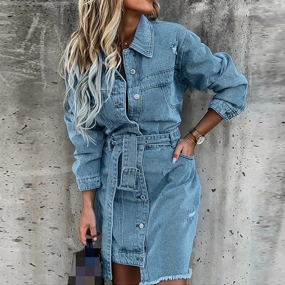 Women Casual Solid Dress Denim Dress Long Sleeve Turtleneck Pocket Dress Button Slim Belt Dress Short Maxi Dress for Women Woman Summer Casual Dress Summer Dress for Women with Sleeves Wrap Summer
