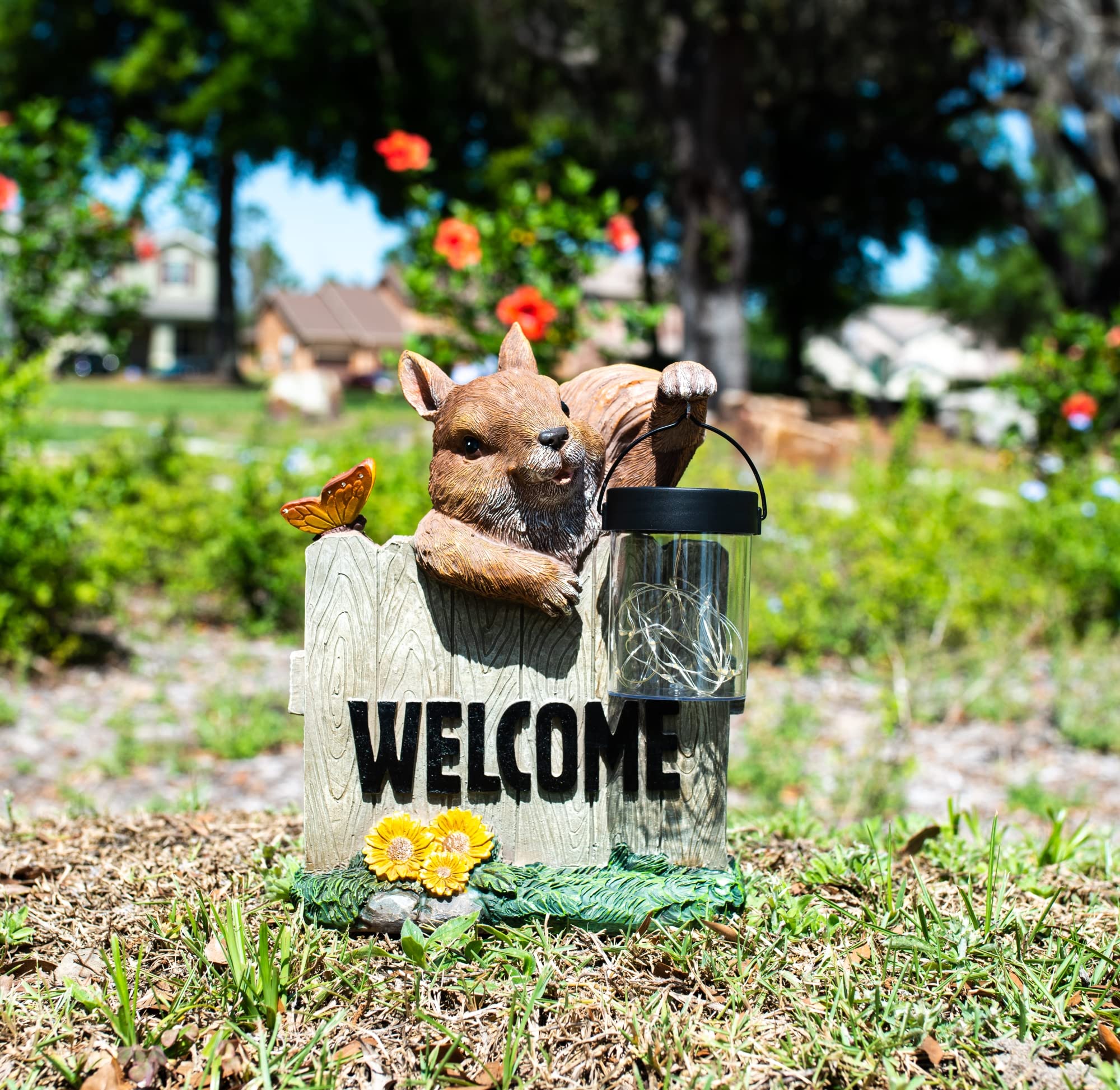 VP Home Welcome Squirrel Statue with Lantern, Solar-Powered LED