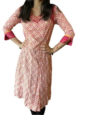 Mogul Women Tunic Dress Pink White Printed Cotton Blouse Summer Ethnic Tunic M