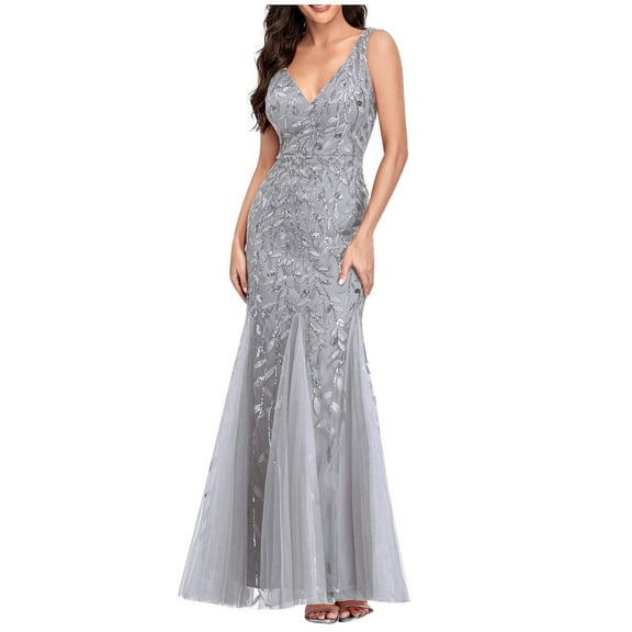 DeHolifer Women's Dresses Deep V-Neck Sequin Lace Sleeveless Mesh Patchwork Evening Party Maxi Dress Gray 2XL