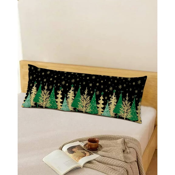 Christmas Tree Throw Pillow Cover,Green Gold Pine Trees Xmas Snowflakes Rectangle Decorative Pillow Case Protector Soft Cushion Cover Lumbar Pillowcase for Couch Sofa Bedroom Car Decor 20x54 Inch
