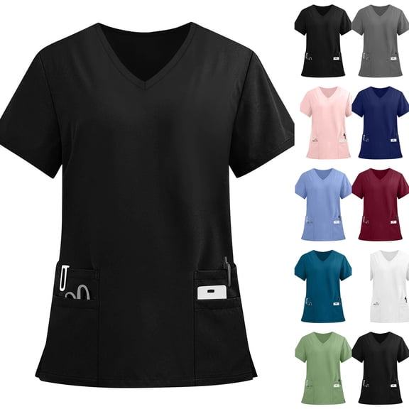 Women's Medical Scrub Tops Soft Stretch V Neck Shirts Short Sleeve Nurse Uniforms with 4 Pockets,Black XL