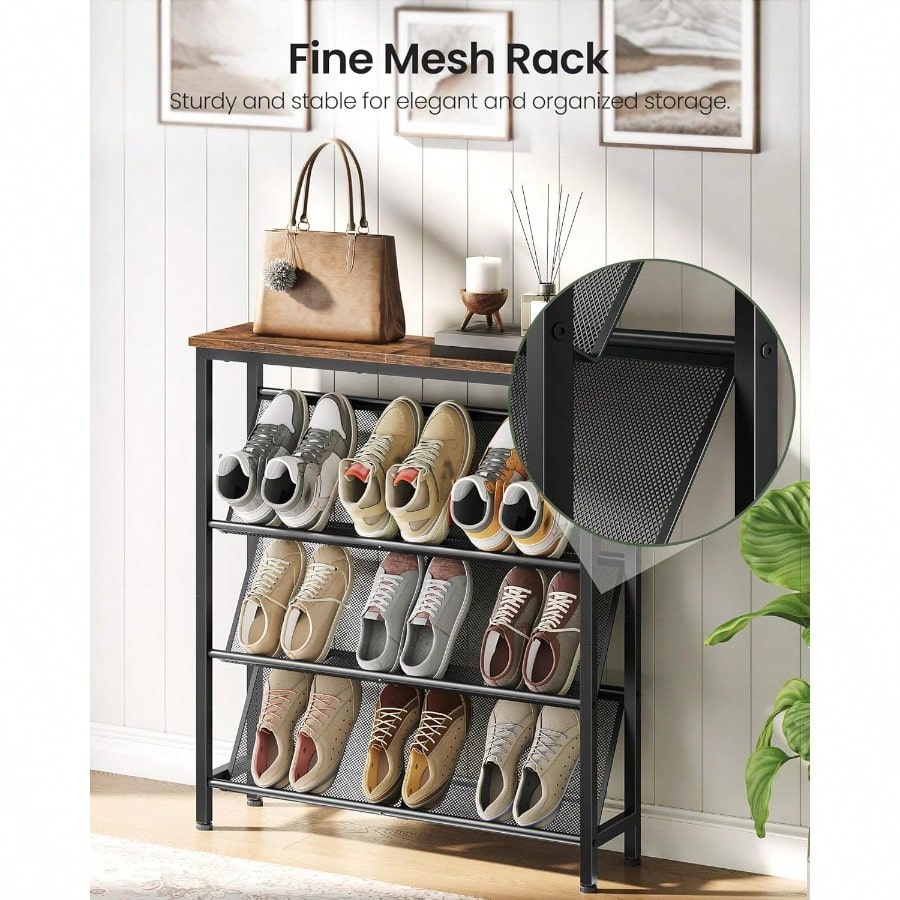 Shoe Rack 4Tier Slanted Shoe Storage Shelf Narrow Shoe Rack For Entryway Shoe Organizer With Adjustable Feet Slim Shoe Shelf With Wooden Top And Metal Frame Rustic Brown And Black TXJ75BF