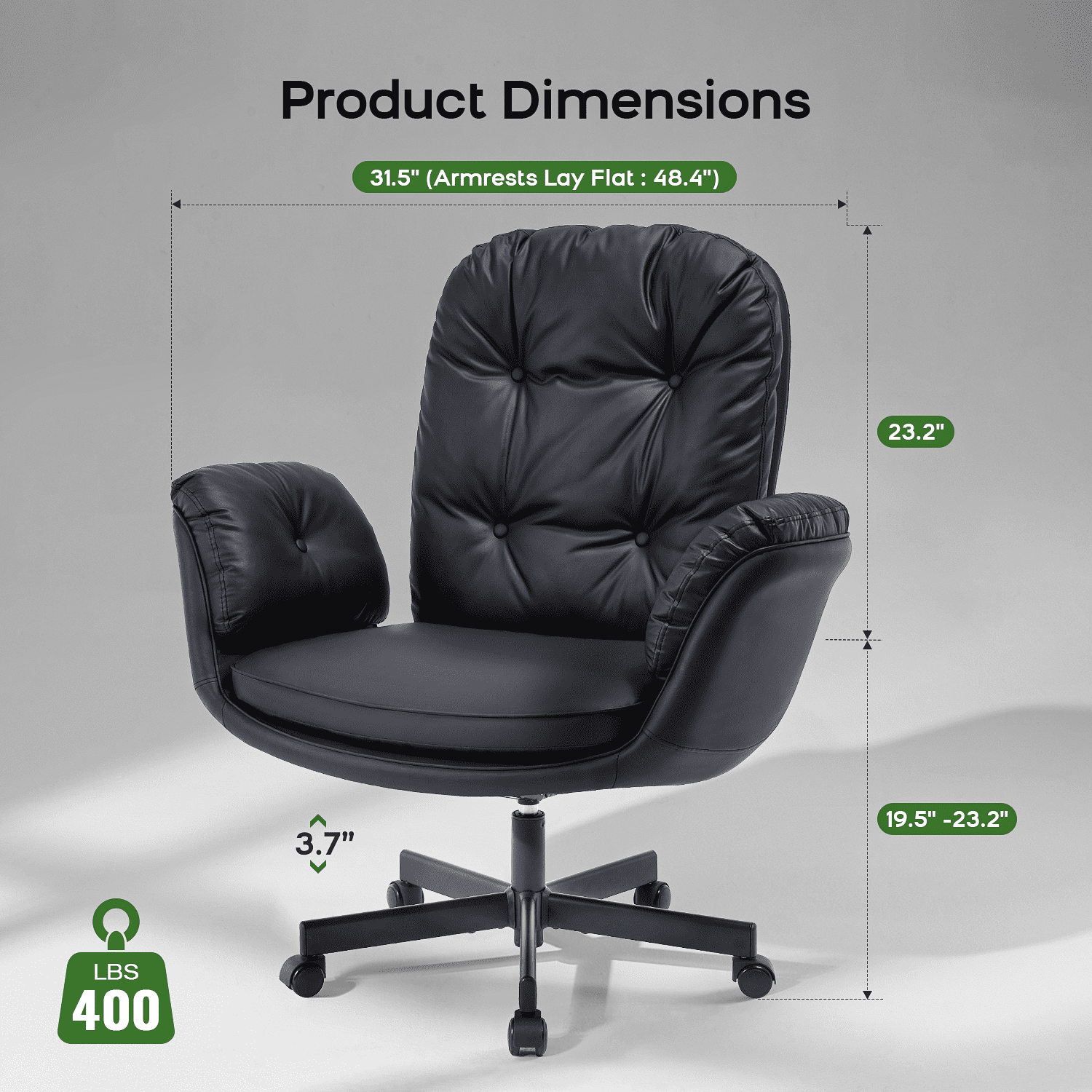 TMV PU Leather Office Chair Criss Cross Chair,Vanity Chair with Armrests & Wheels for Cross-Legged,Adjustable Swivel Desk Chair Wide Rolling Chair for Adults,Black