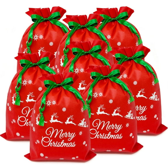 Wrapables Non-Woven Christmas Holiday Drawstring Gift Bags for Party Favors, Goodie Bag, Treats, Gift Wrap, Parties (Set of 8), Red