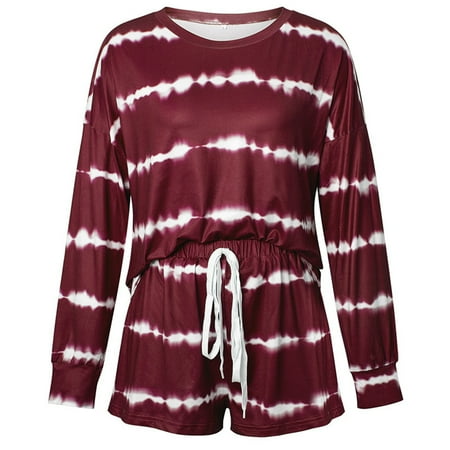 

Women s Tie-Dye Pajama Sets Long Sleeve Tee Tops and Ruffle Short PJ Set Loungewear Nightwear Sleepwear